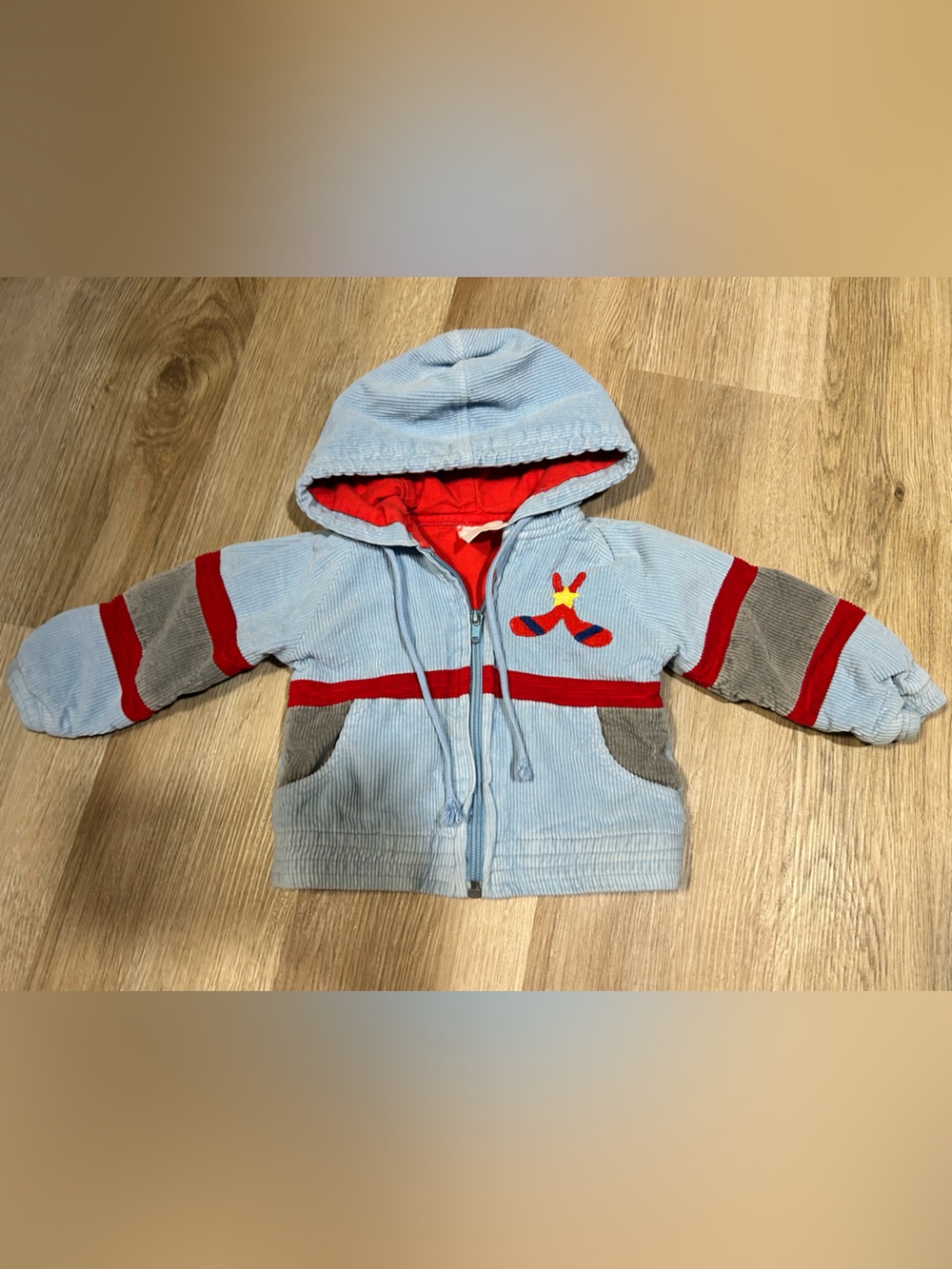 Vintage Light Blue Hooded Puffer Jacket with Red Trim and Gray Accents